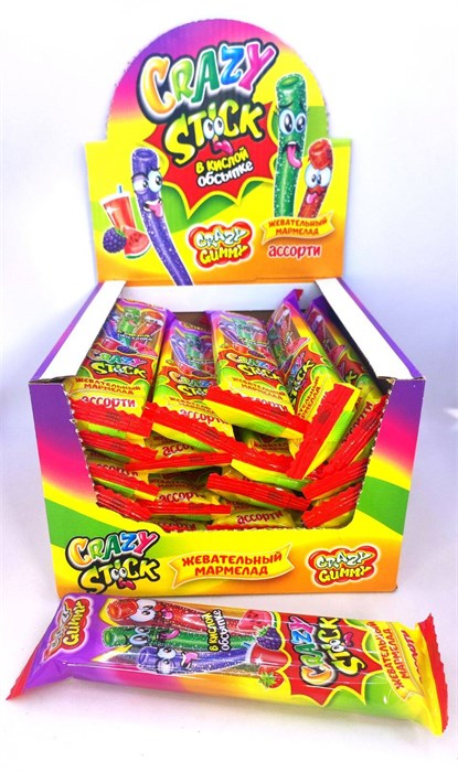 Жевательный мармелад в кислой обсыпке «CRAZY GUMMY. CRAZY STICK» ассорти 20 гр. 24 шт. уп. 01804 - фото 1090