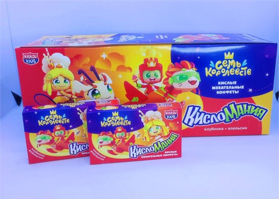Кислые жевательные конфеты "Кисломания Дабл Фрукт" (Семь Королевств) со вкусом апельсина и клубники 14 гр. 30 шт. уп. 02815 - фото 2960